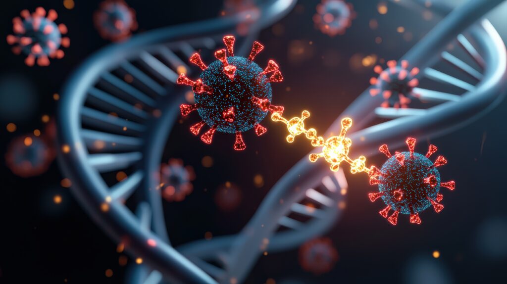a detailed digital illustration of the covid 19 virus interacting with dna, highlighting scientific themes related to genetics and virology.