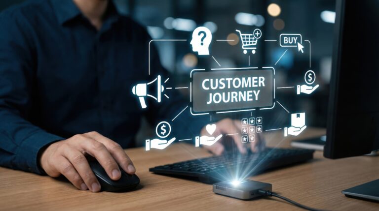 businessman analyzing digital customer journey map with marketing icons,data driven strategy,consumer behavior insights,customer experience management for digital commerce success